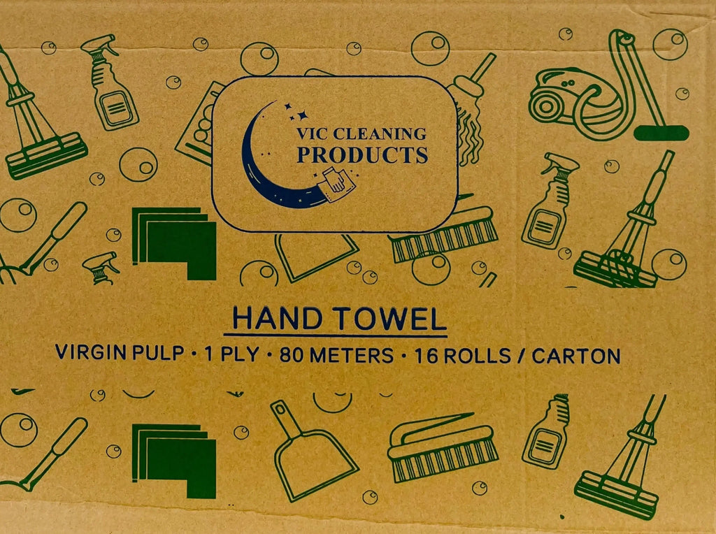 Brown carton box labeled hand towel, 1 ply, 80 meters, 16 rolls per carton, with cleaning icons.