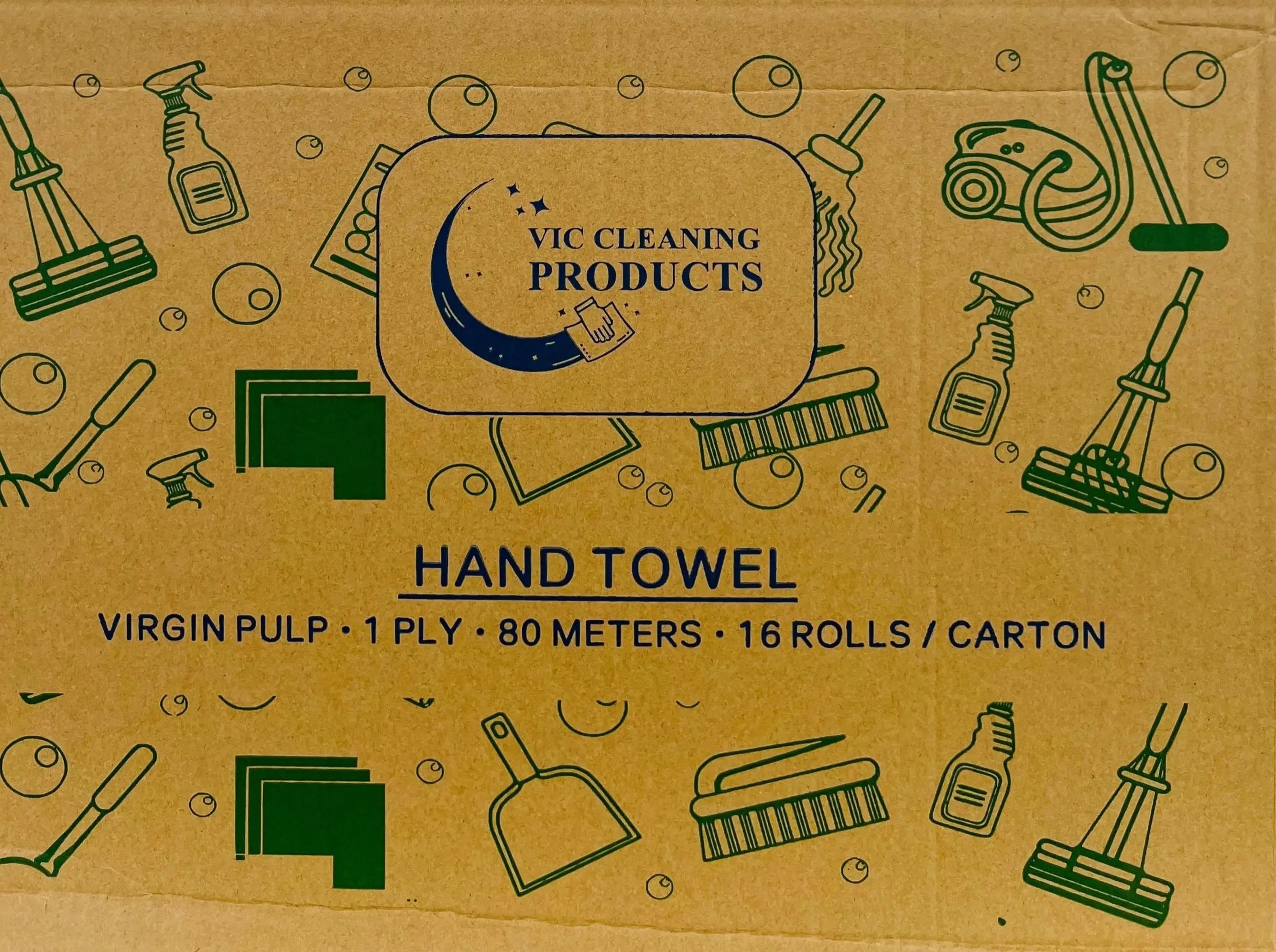 Brown carton box labeled hand towel, 1 ply, 80 meters, 16 rolls per carton, with cleaning icons.