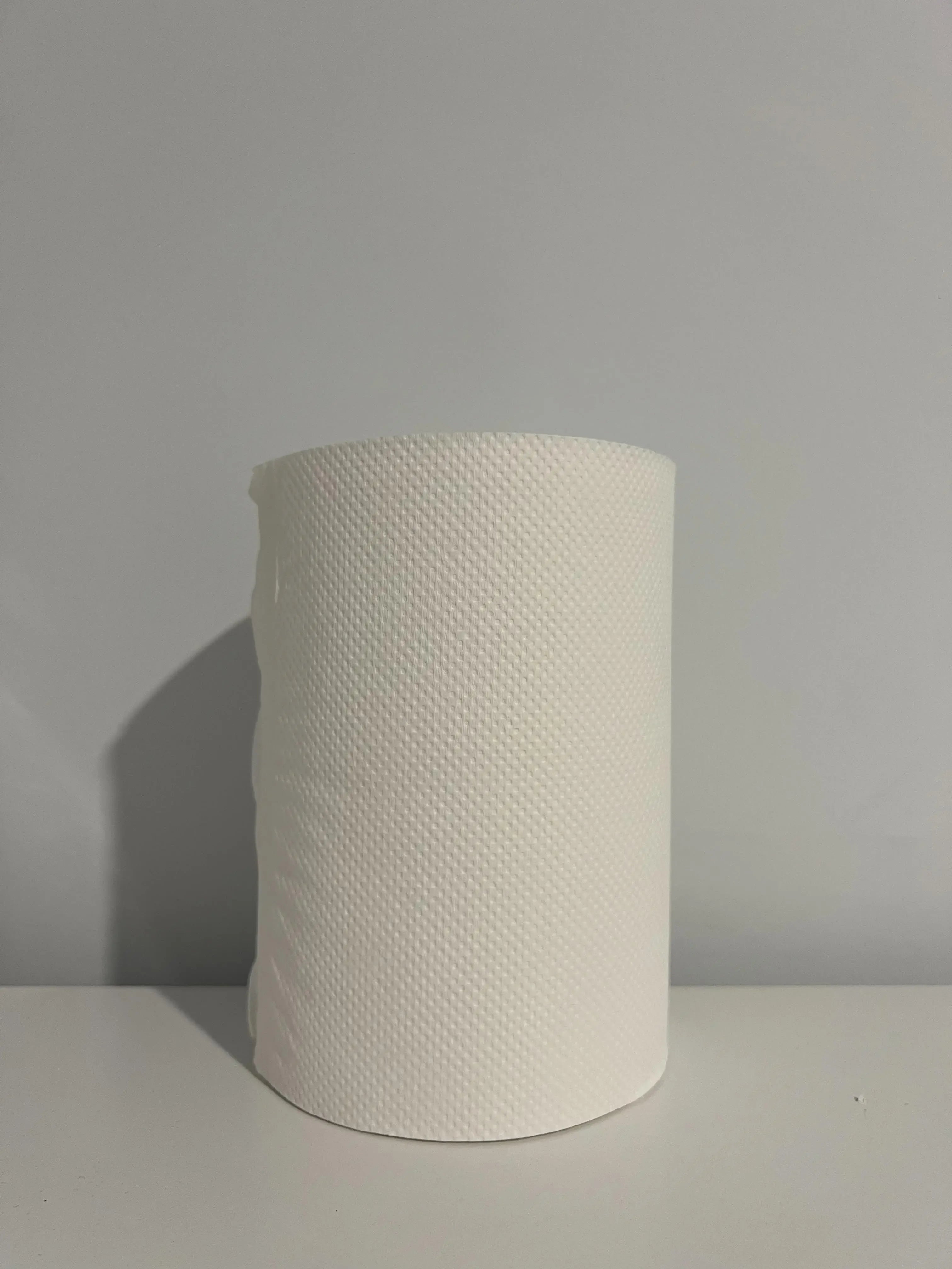 White textured paper towel roll on a plain surface for cleaning or kitchen use